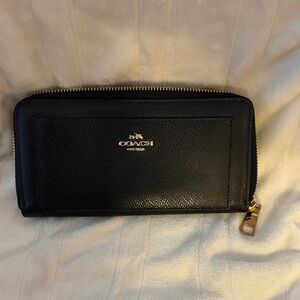Coach Navy Blue Leather Zip-Around Wallet with Gold Logo